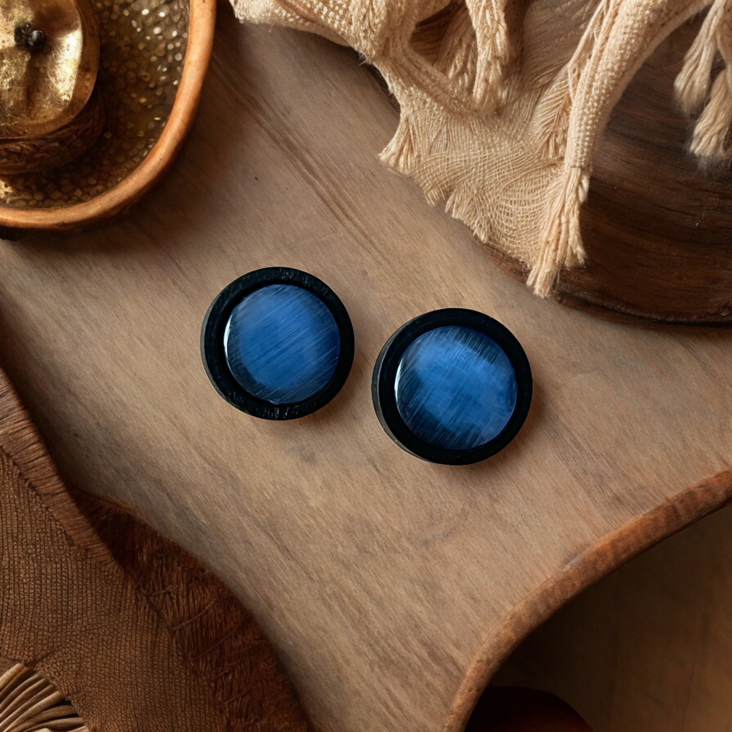 Blue Glass Black Wood Unisex Stud Earrings - Stylish & Versatile Accessories