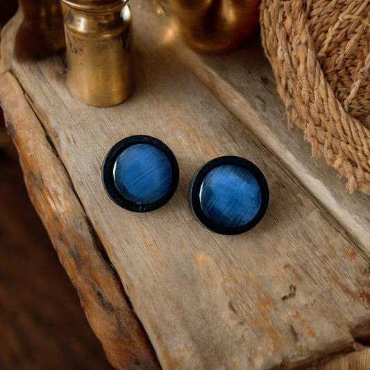 Blue Glass Black Wood Unisex Stud Earrings - Stylish & Versatile Accessories