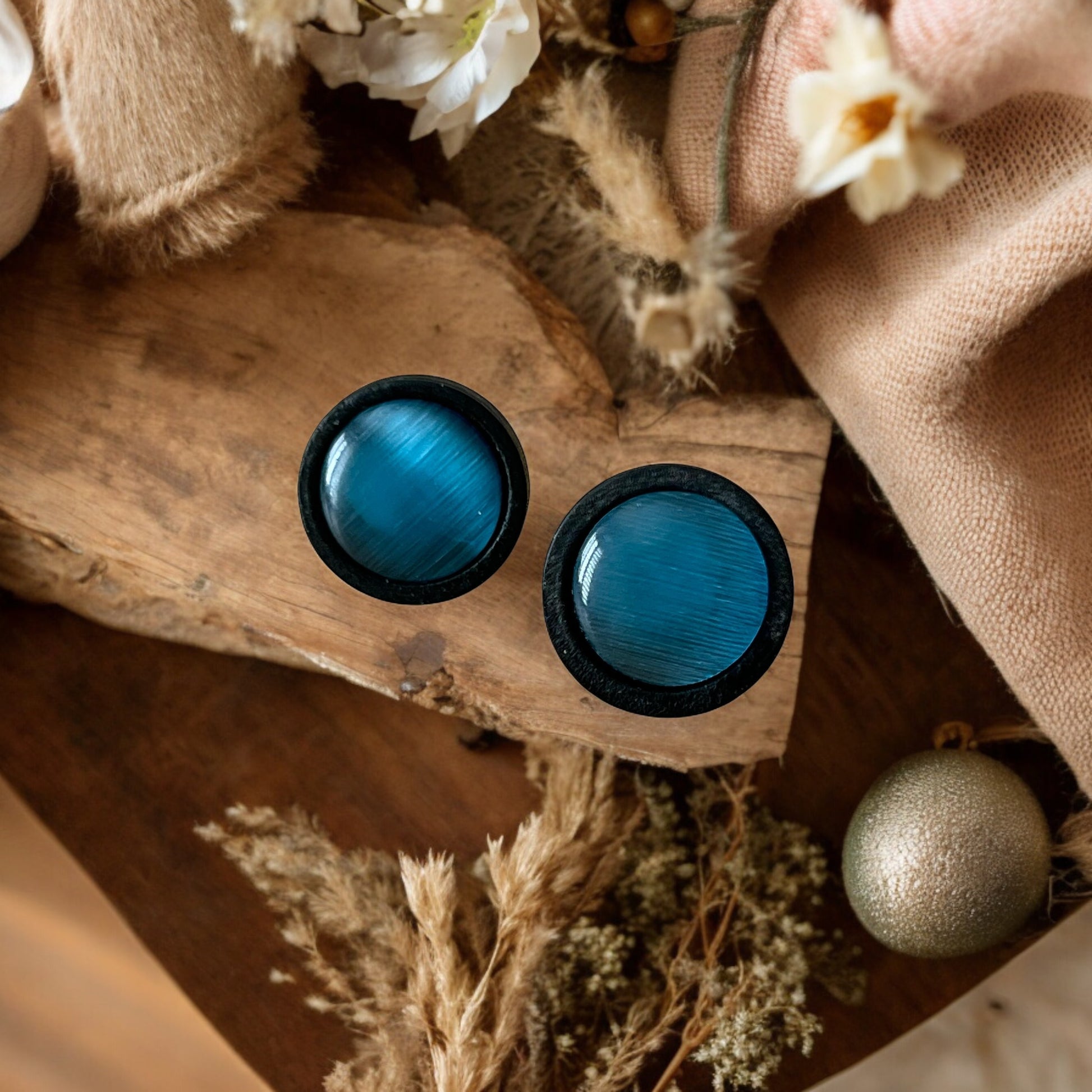 Blue Glass Black Wood Unisex Stud Earrings - Stylish & Versatile Accessories