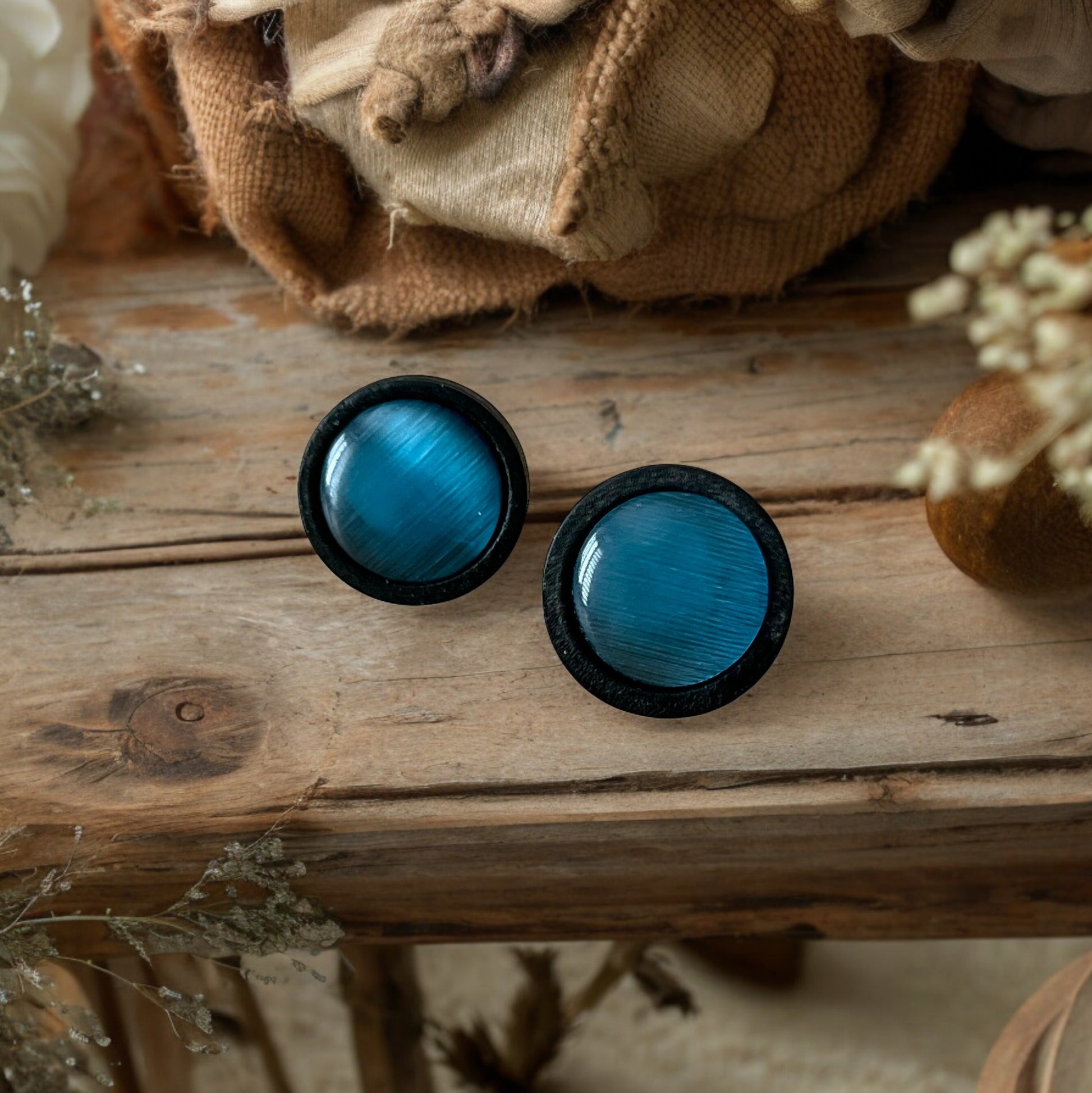 Blue Glass Black Wood Unisex Stud Earrings - Stylish & Versatile Accessories