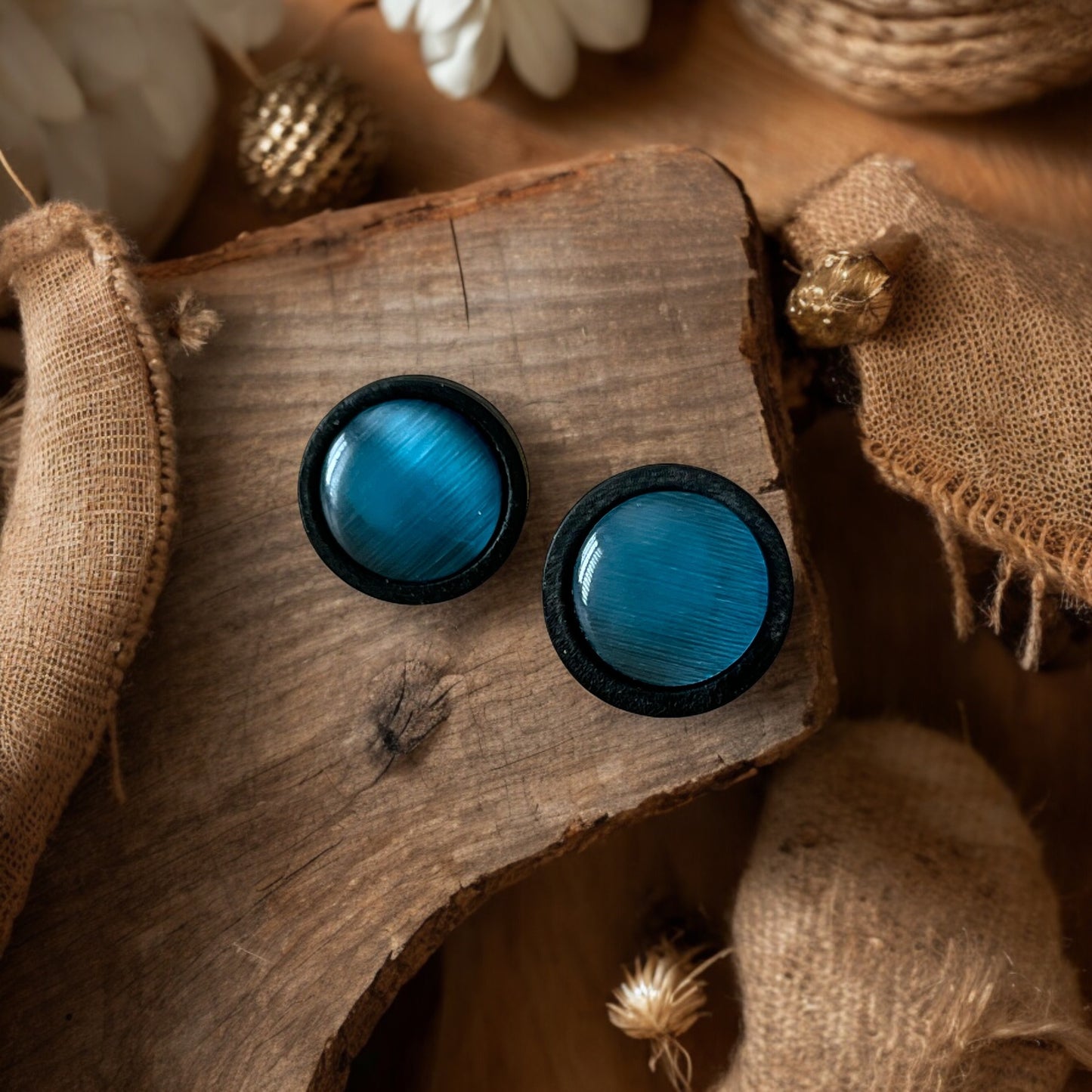 Blue Glass Black Wood Unisex Stud Earrings - Stylish & Versatile Accessories