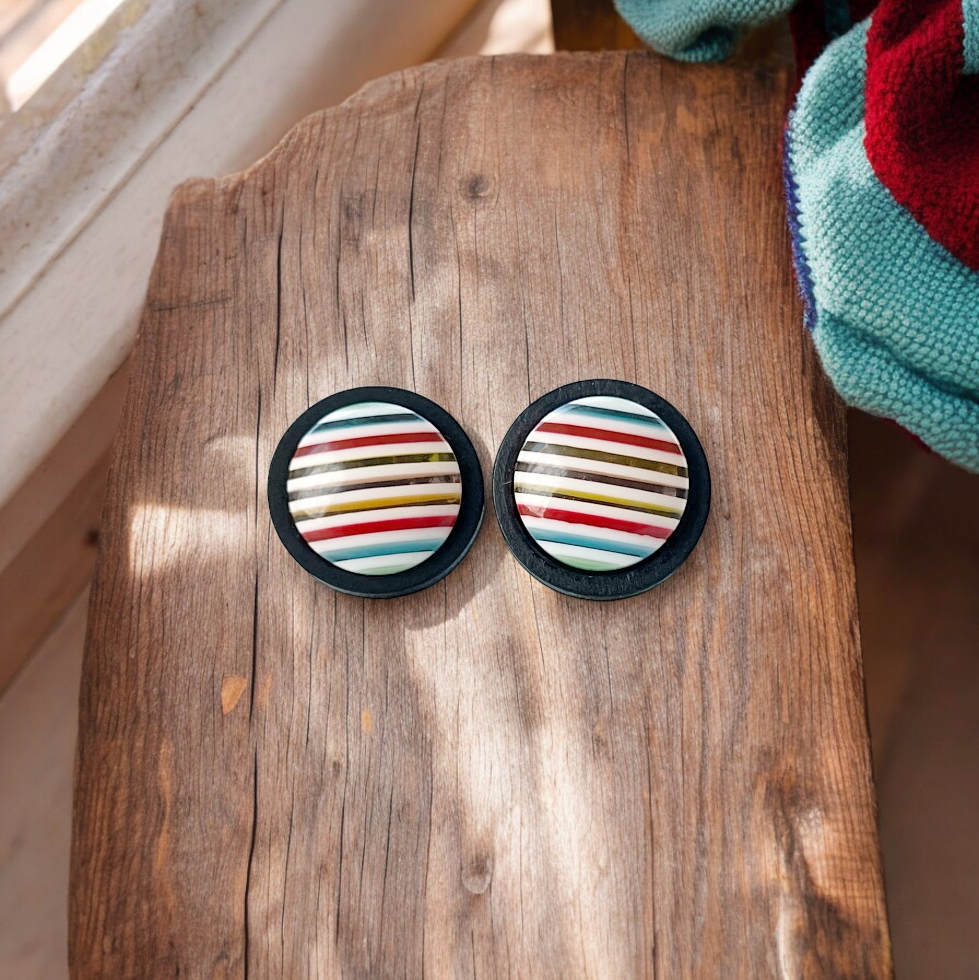 Blue, Red, Yellow Striped Black Wood Stud Earrings - Colorful Unique Accessories
