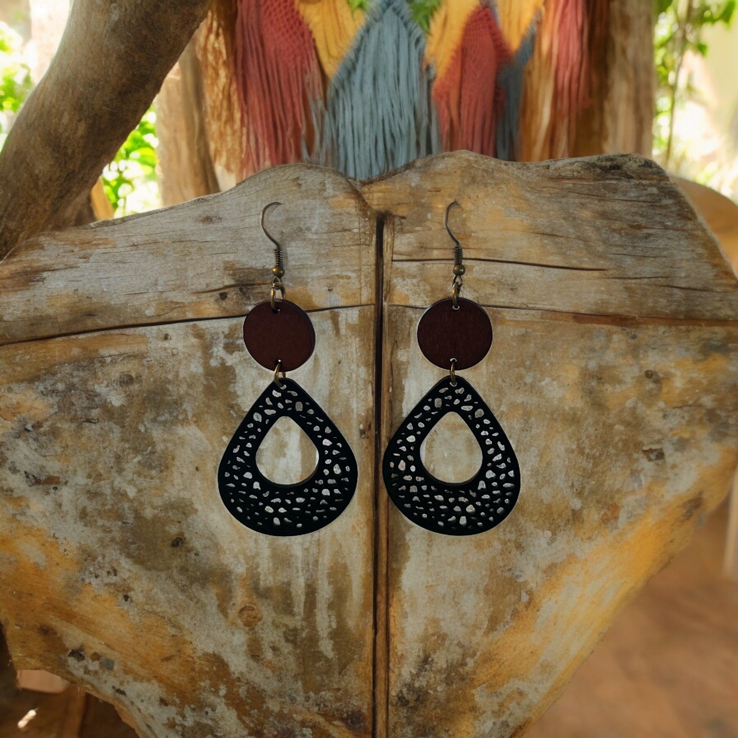 Black Leather & Natural Wood Earrings: Chic & Rustic Accessories