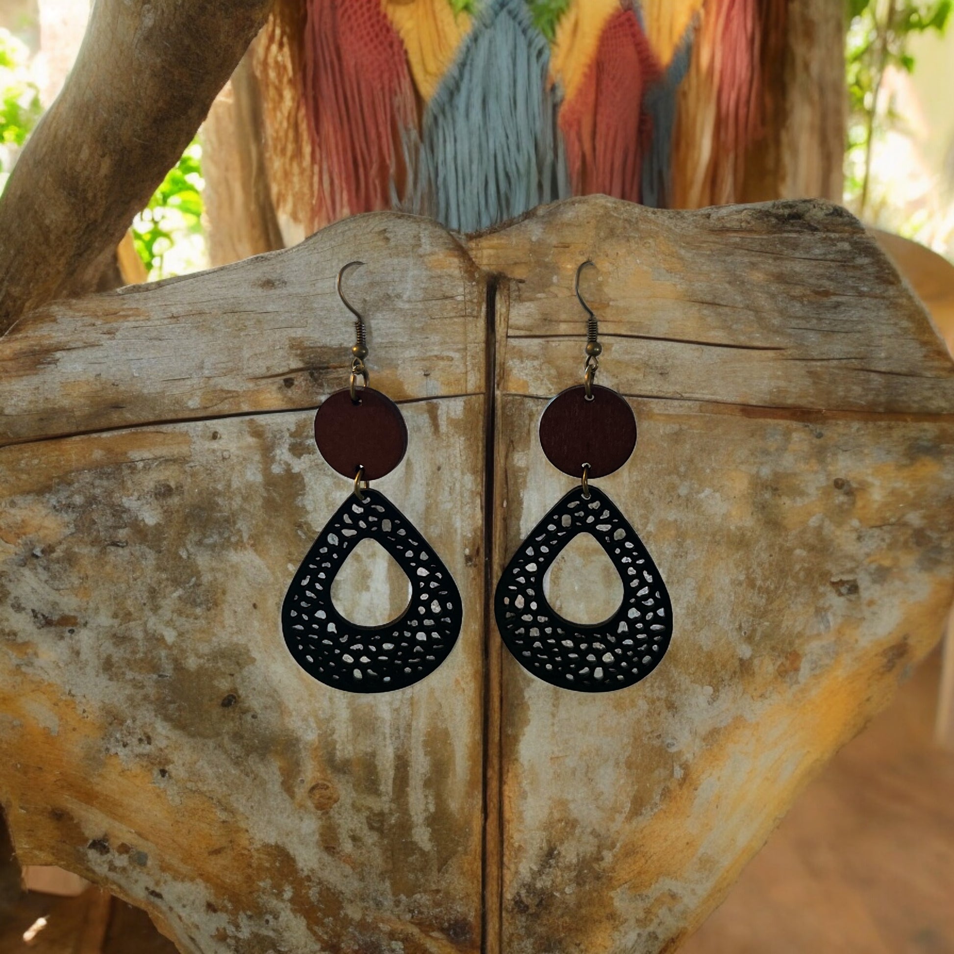 Black Leather & Natural Wood Earrings: Chic & Rustic Accessories