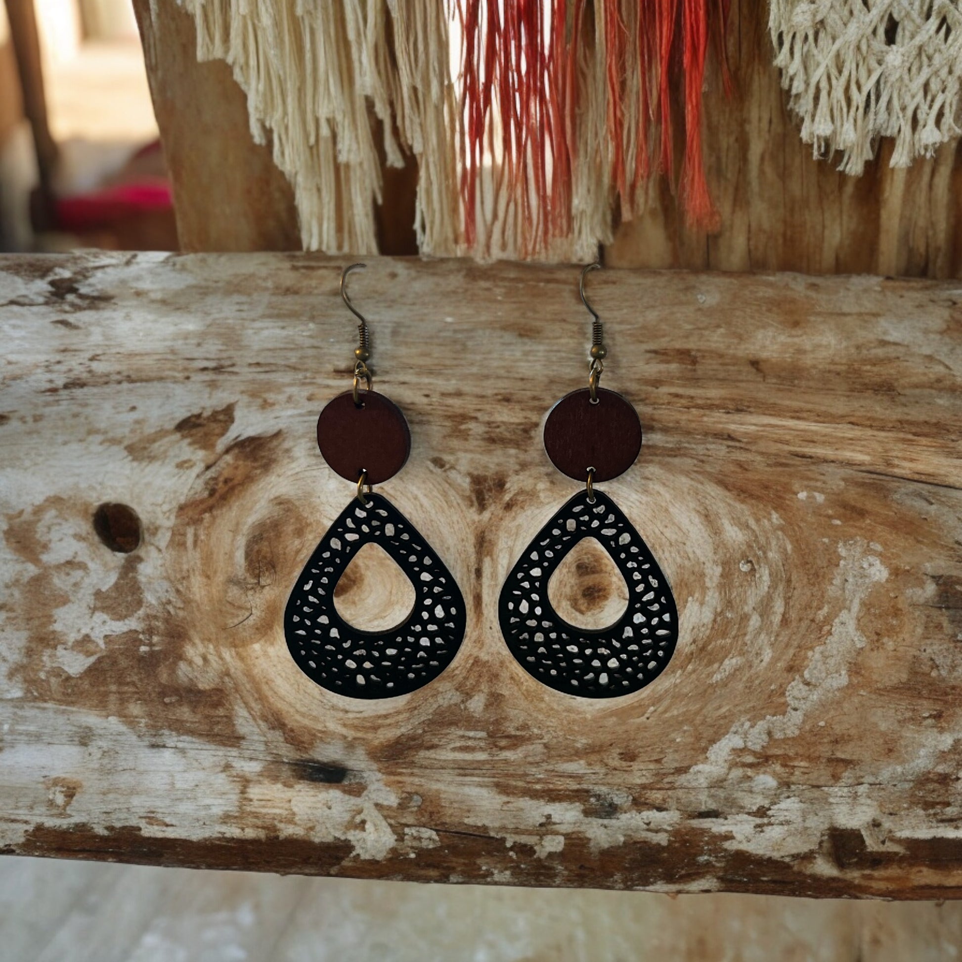 Black Leather & Natural Wood Earrings: Chic & Rustic Accessories