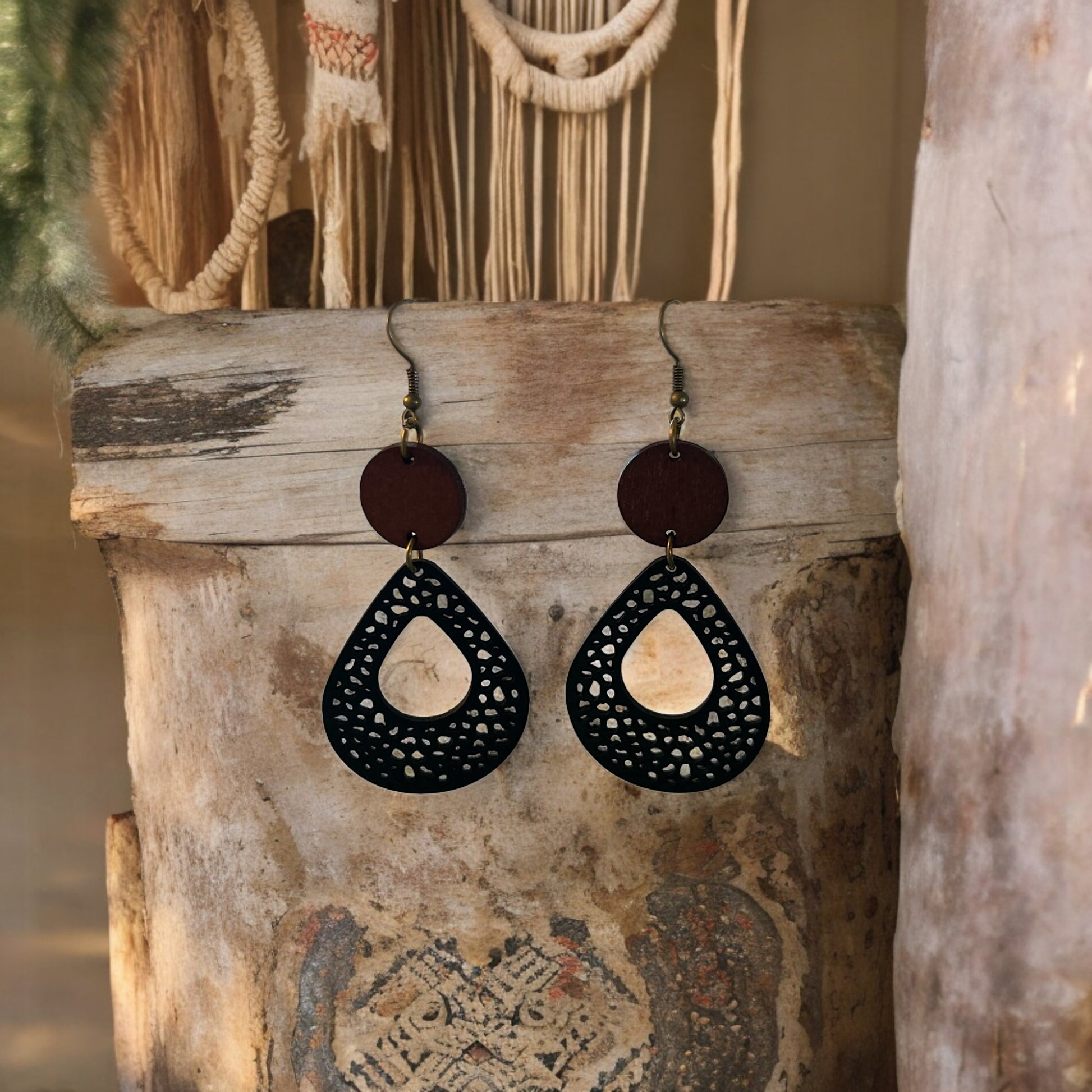 Black Leather & Natural Wood Earrings: Chic & Rustic Accessories