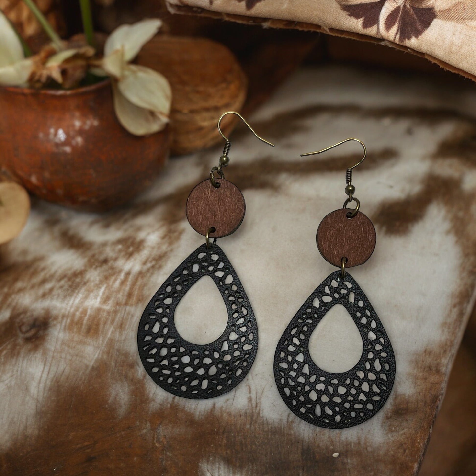 Black Leather & Natural Wood Earrings: Chic & Rustic Accessories