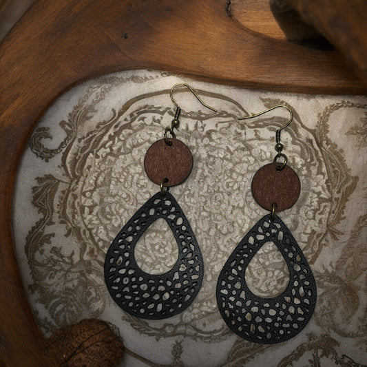Black Leather & Natural Wood Earrings: Chic & Rustic Accessories