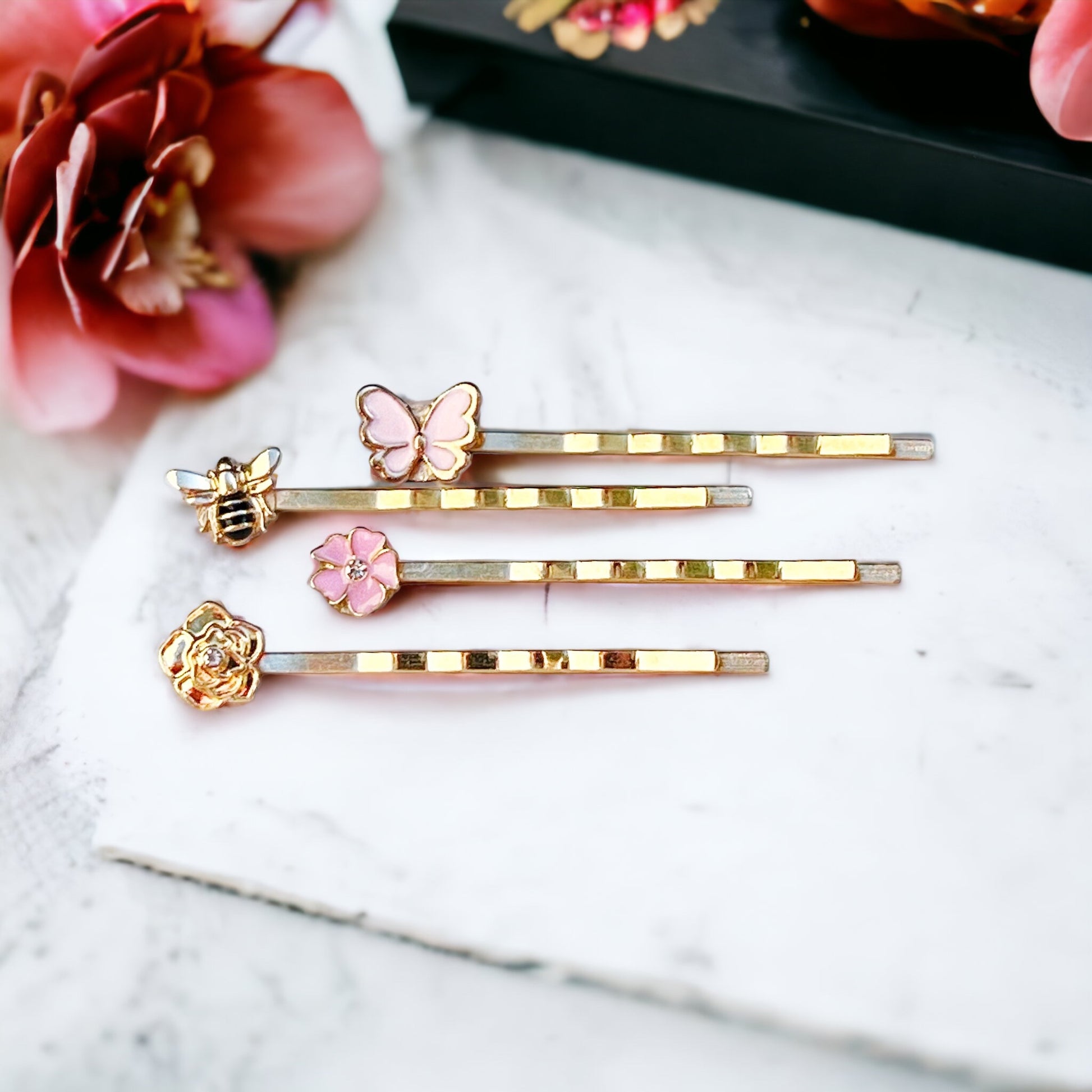 Gold Bee, Pink Butterfly, Gold & Pink Flower Hair Pins - Set of 4 Charming Accessories for Stylish Hairdos