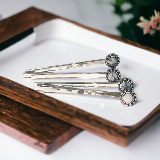 Boho White Gemstone Hair Pins - Set of 4 Stylish Bobby Pins