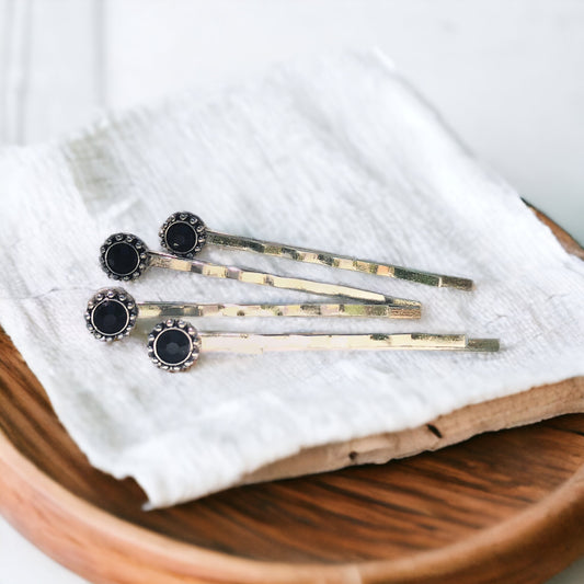 Boho Black Gemstone Hair Pins Set of 4 - Western-Inspired Hair Accessories