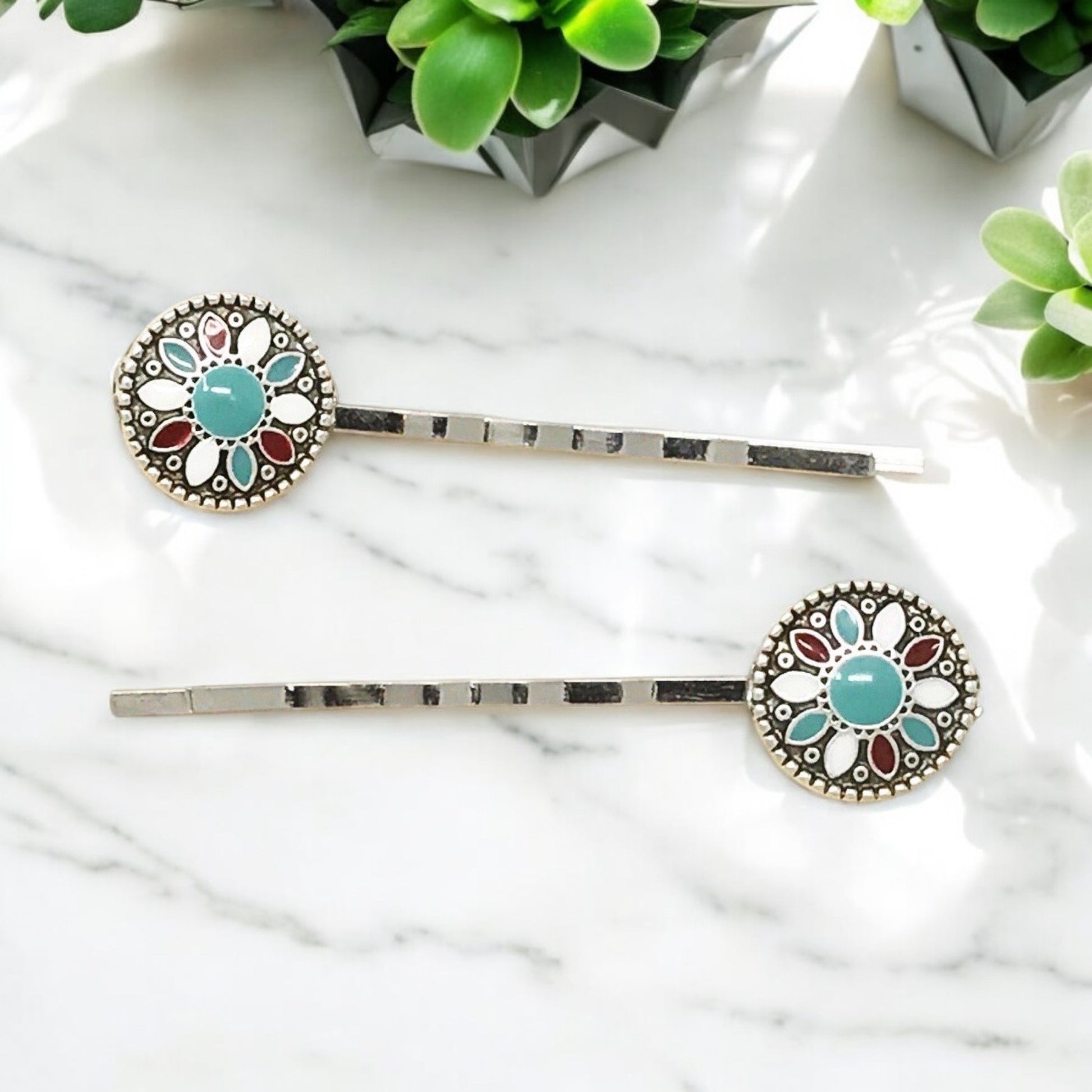 Boho Turquoise, Red, and White Gemstone Hair Pins - Set of 2 Stylish Accessories