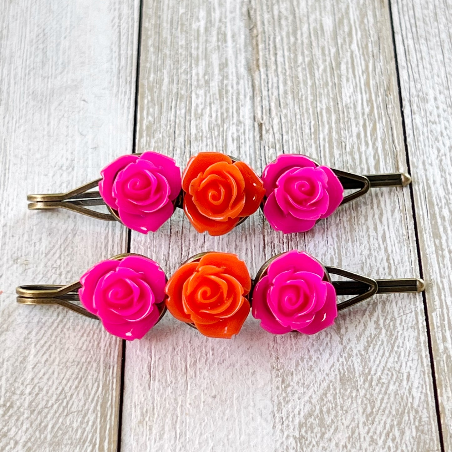 Pink & Orange Rose Flower Hair Pin Set: Vibrant Floral Accents