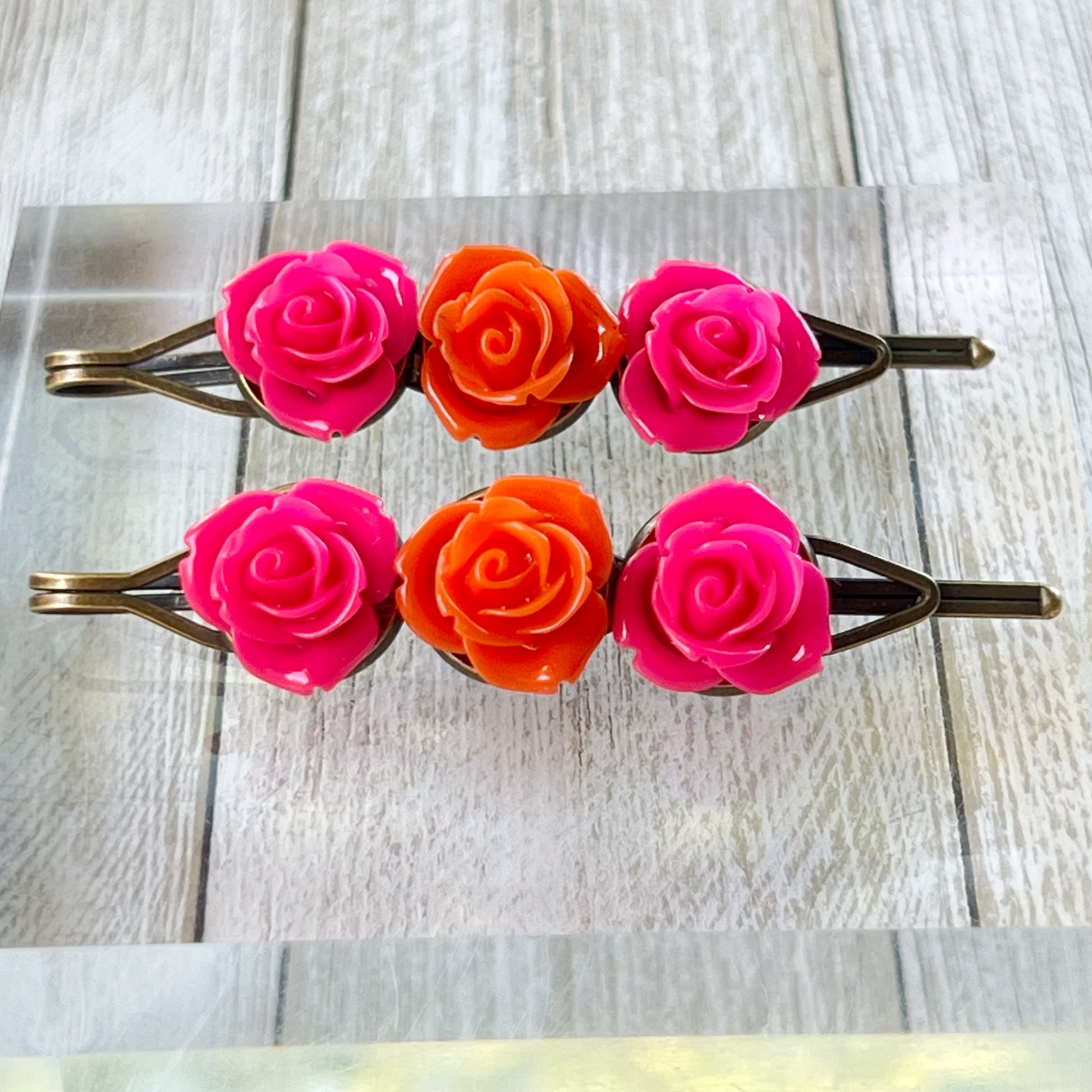 Pink & Orange Rose Flower Hair Pin Set: Vibrant Floral Accents