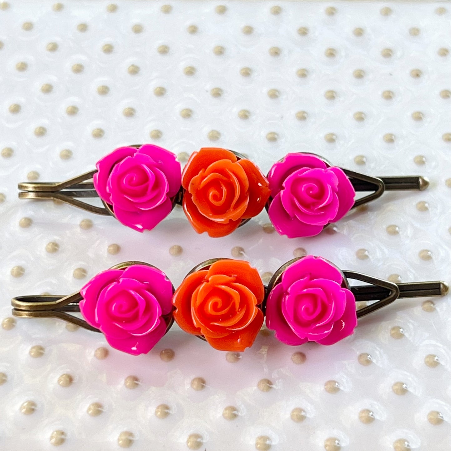 Pink & Orange Rose Flower Hair Pin Set: Vibrant Floral Accents