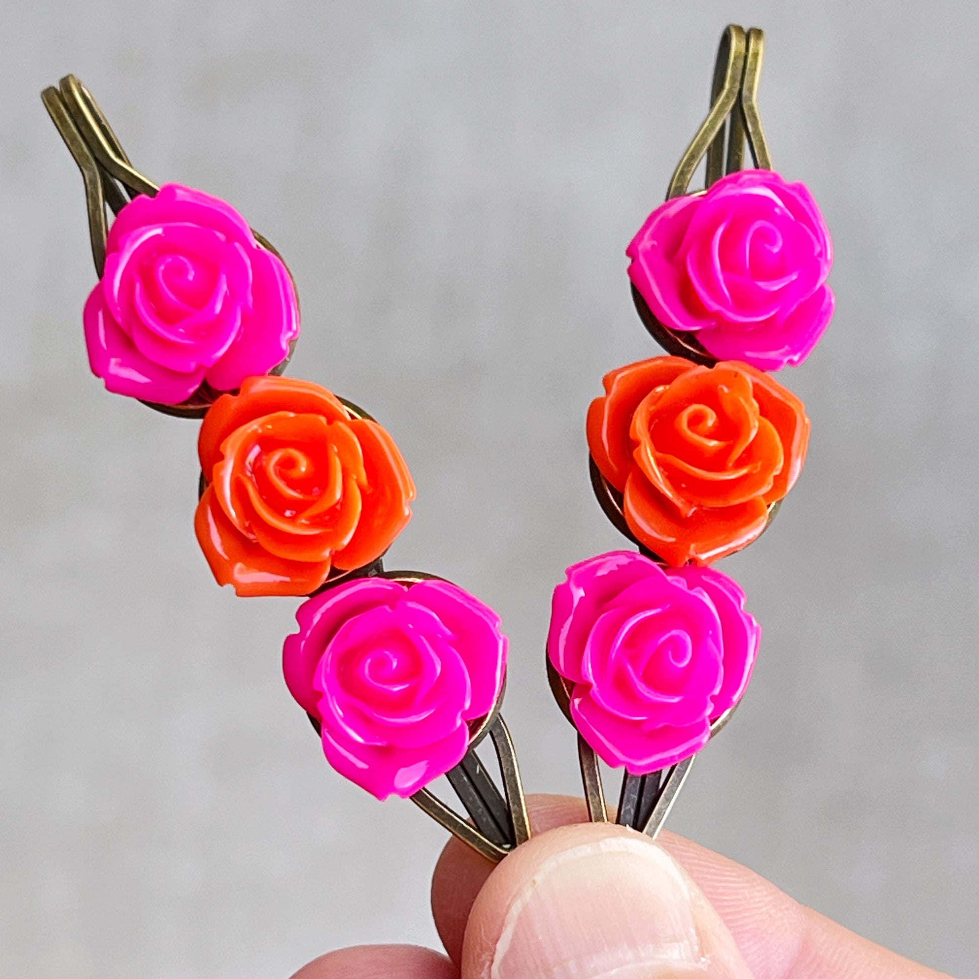 Pink & Orange Rose Flower Hair Pin Set: Vibrant Floral Accents