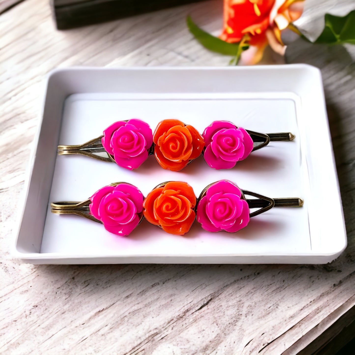 Pink & Orange Rose Flower Hair Pin Set: Vibrant Floral Accents