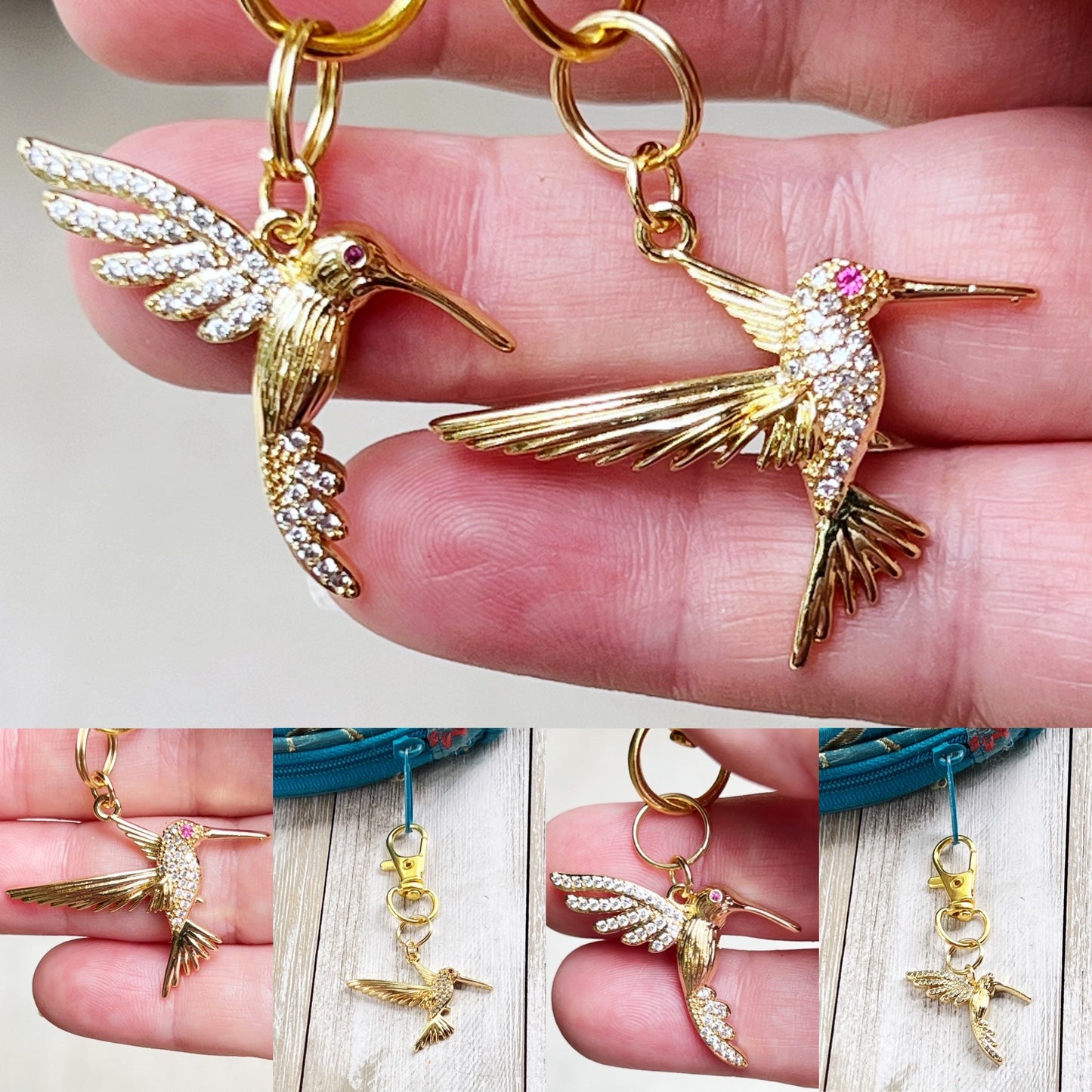 Set of 2 Hummingbird Zipper Pull Charms with Rhinestones