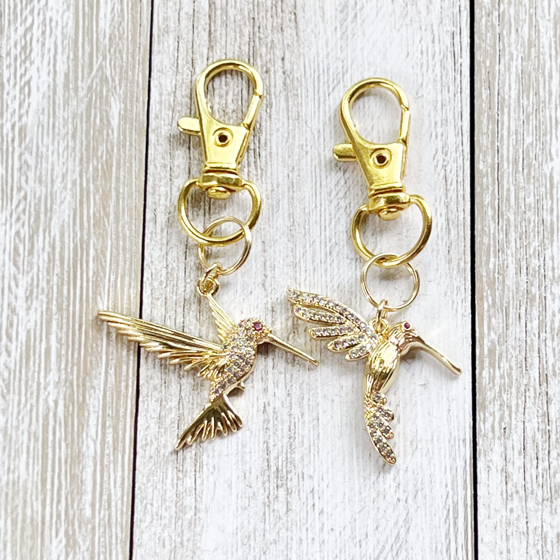 Set of 2 Hummingbird Zipper Pull Charms with Rhinestones