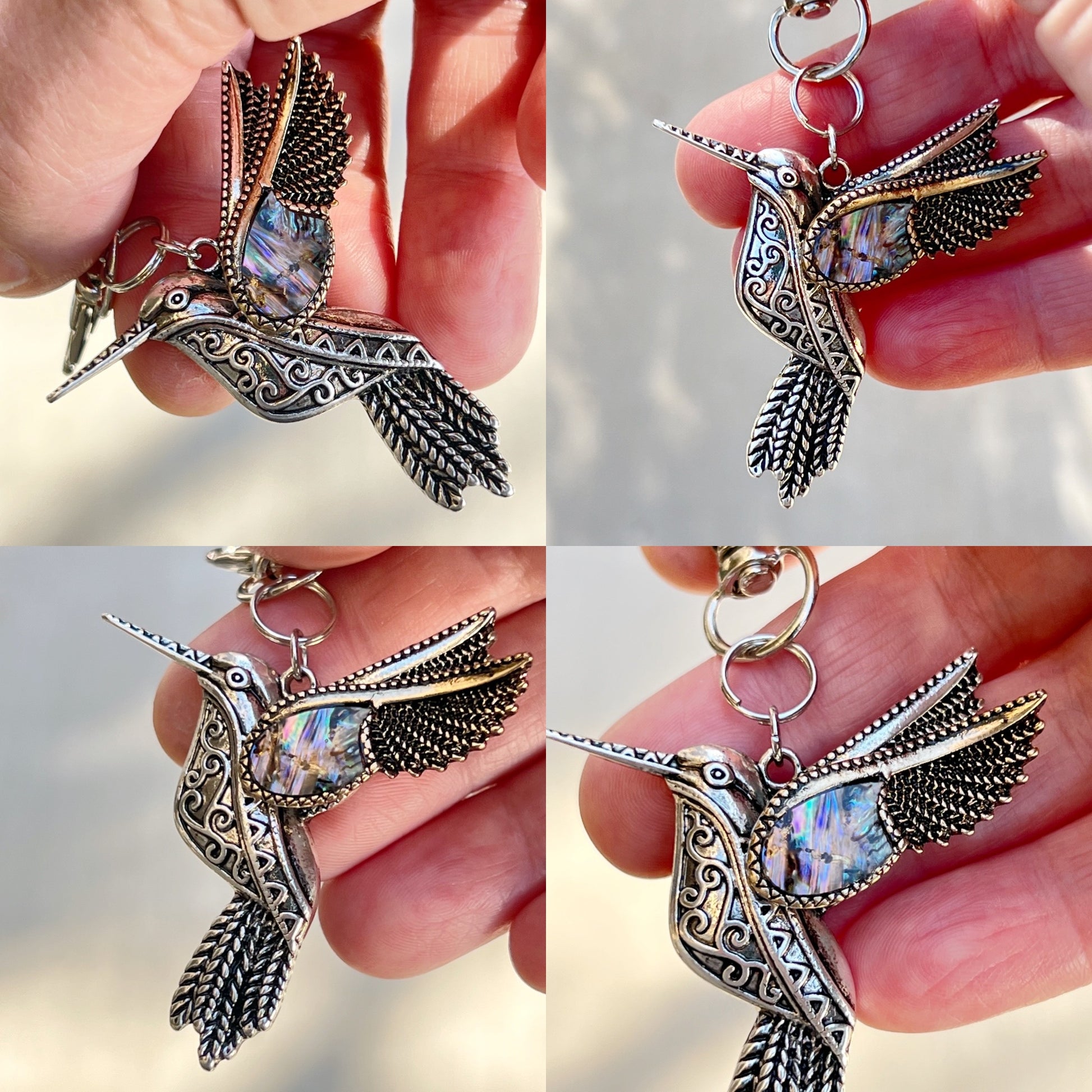 Silver Hummingbird Zipper Pull Keychain Purse Charm with Natural Abalone - Stylish Accessory