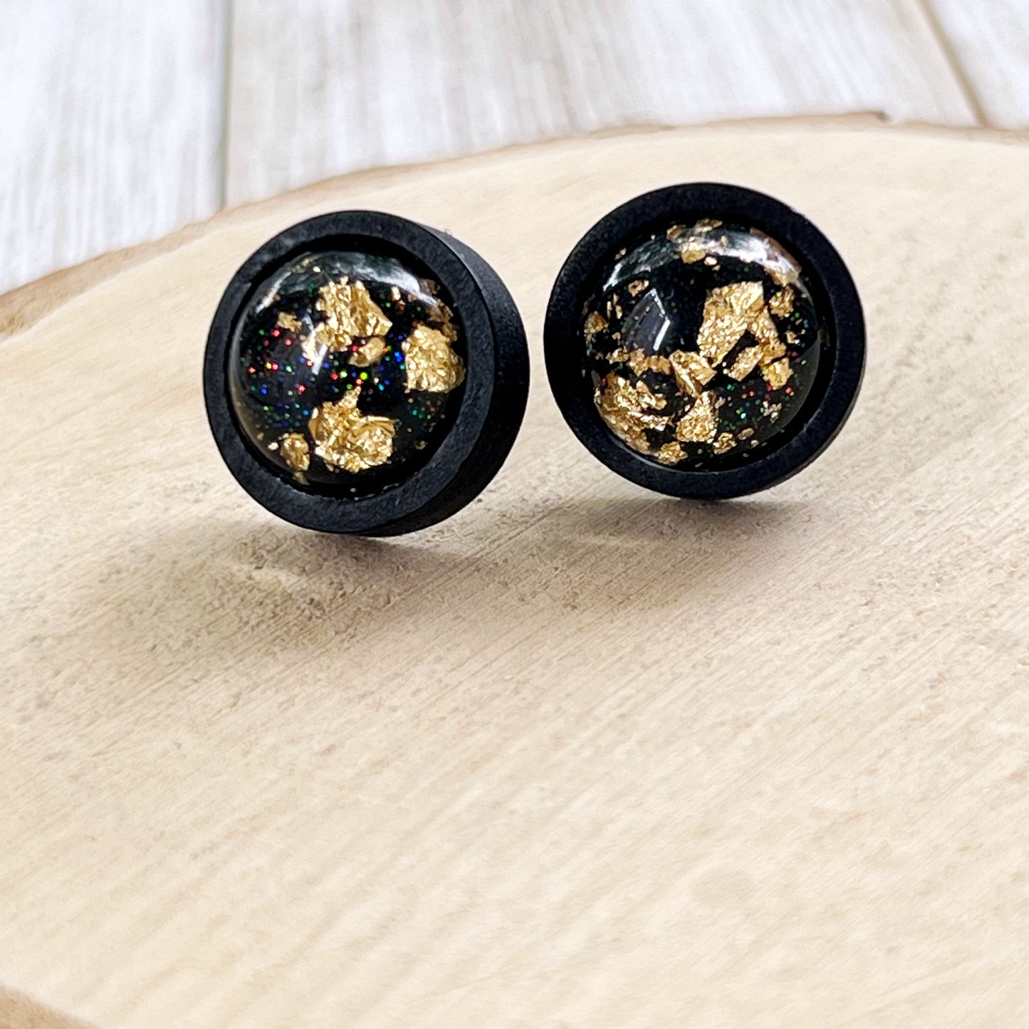 Gold Flake Black Wood Earring Studs - Versatile Unisex Accessories