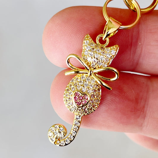 Dainty 18k Gold Plated Cubic Zirconia Cat with Pink Heart Purse Charm - Elegant Accessory