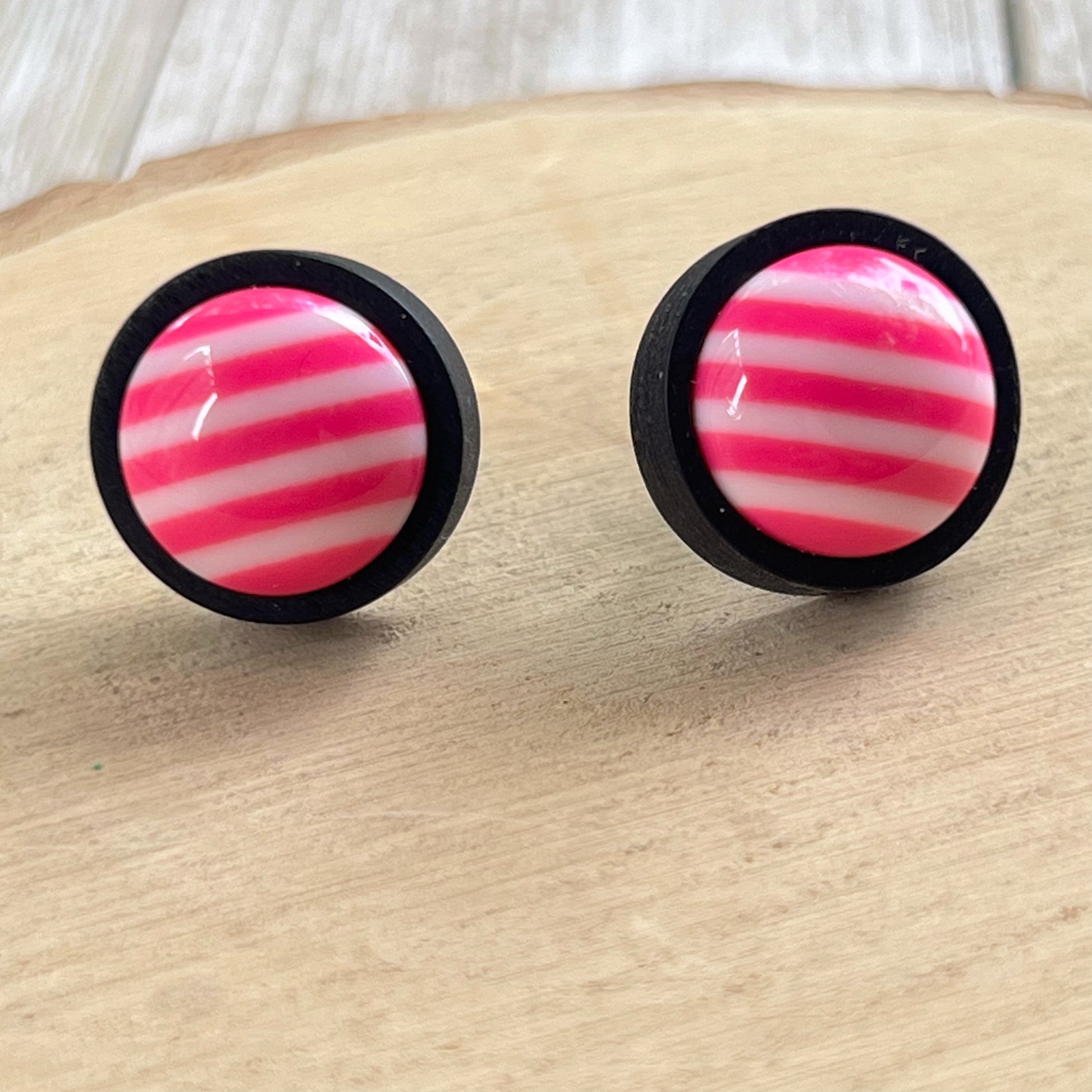 Pink & White Striped Black Wood Stud Earrings - Chic & Playful Accessories