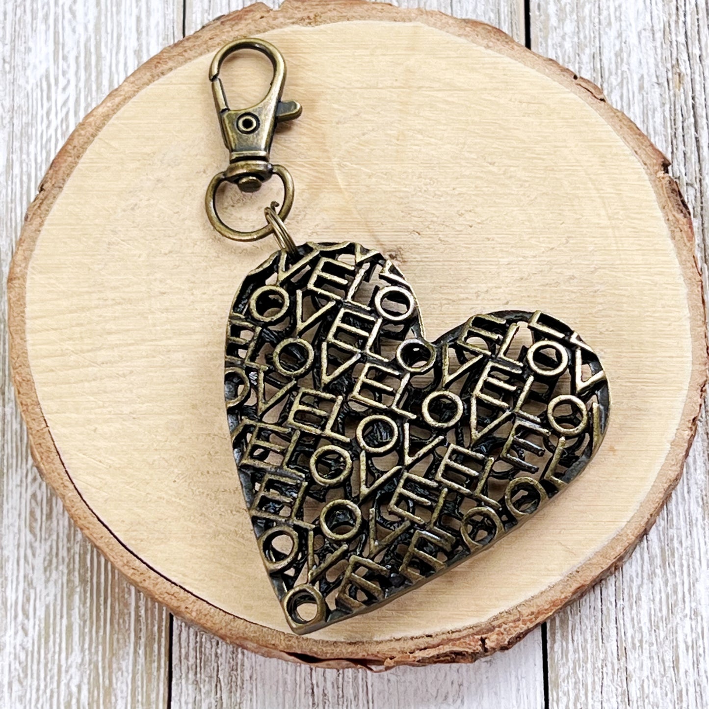 Brass Heart Handbag Charm: 'Love' Design for a Touch of Romance