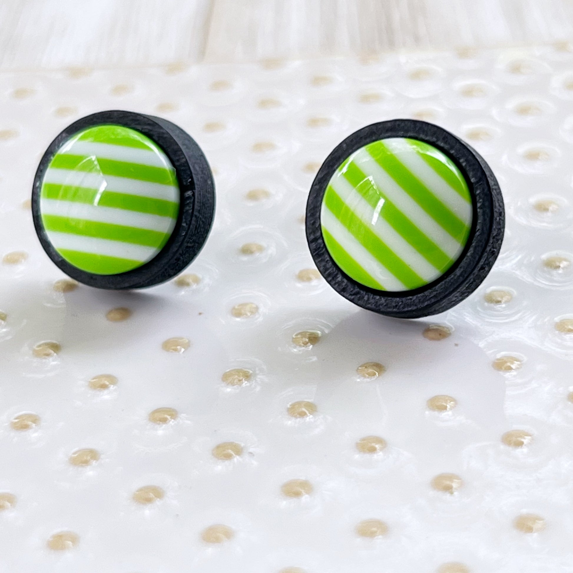 Green & White Striped Black Wood Stud Earrings - Chic & Stylish Accessories