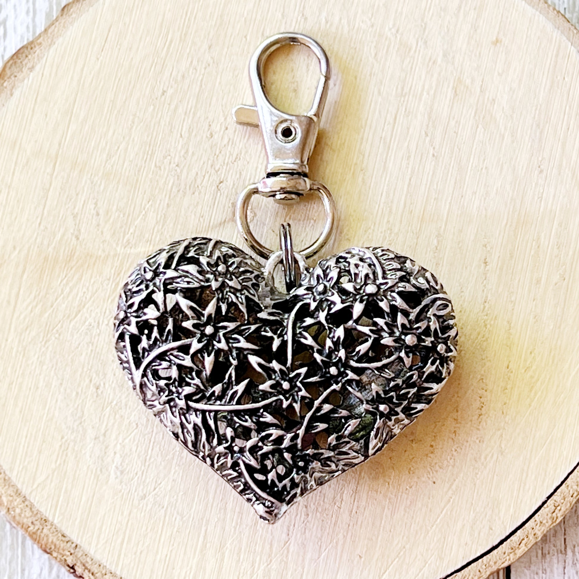 Silver Heart Zipper Pull Keychain Handbag Charm with Etched Flowers