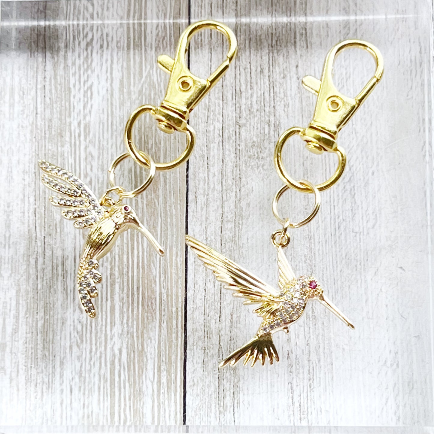 Set of 2 Hummingbird Zipper Pull Charms with Rhinestones