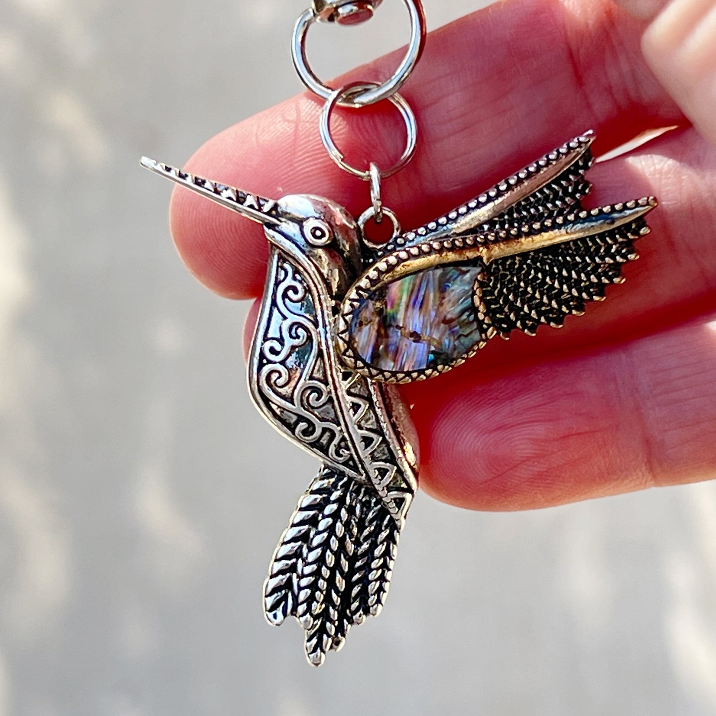 Silver Hummingbird Zipper Pull Keychain Purse Charm with Natural Abalone - Stylish Accessory