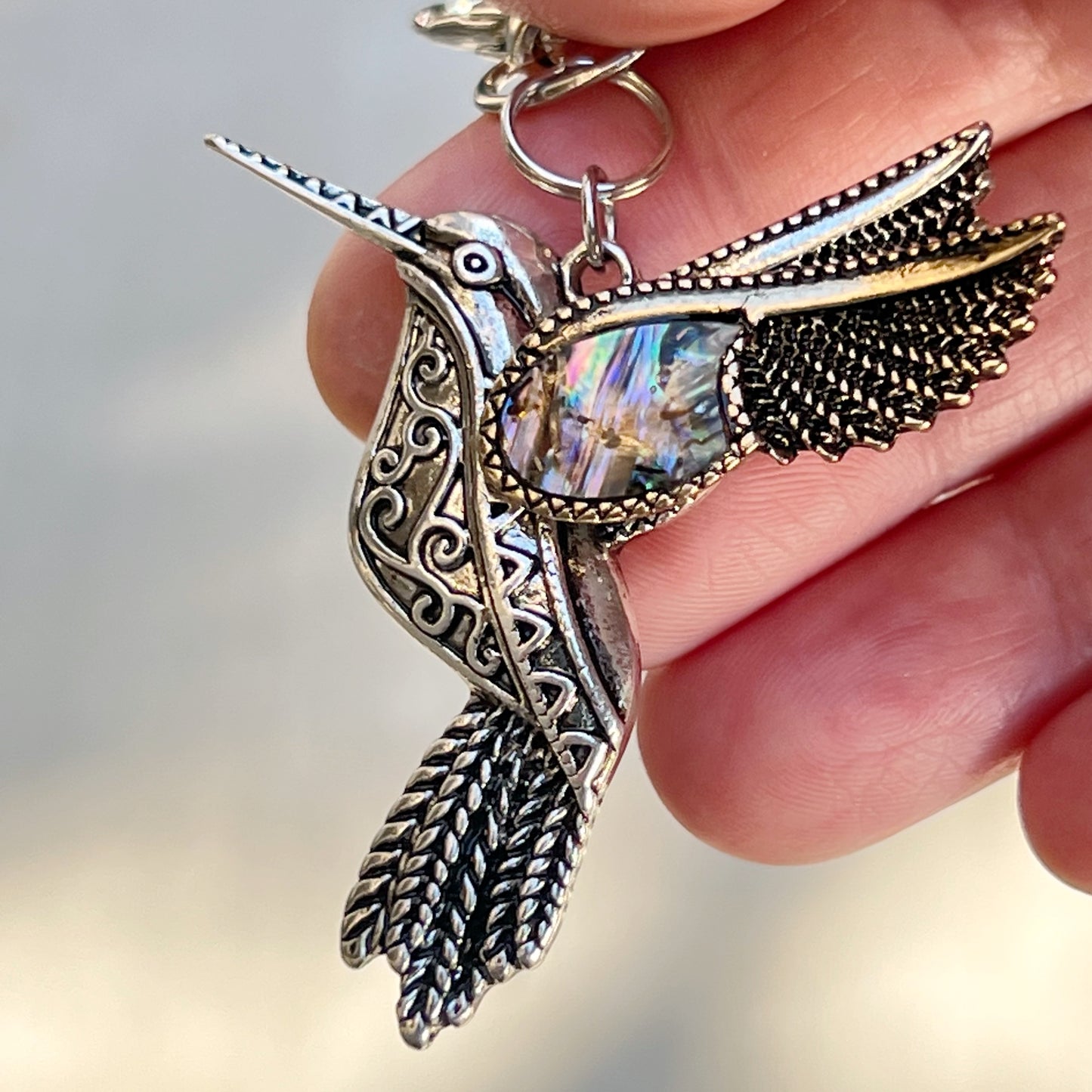 Silver Hummingbird Zipper Pull Keychain Purse Charm with Natural Abalone - Stylish Accessory