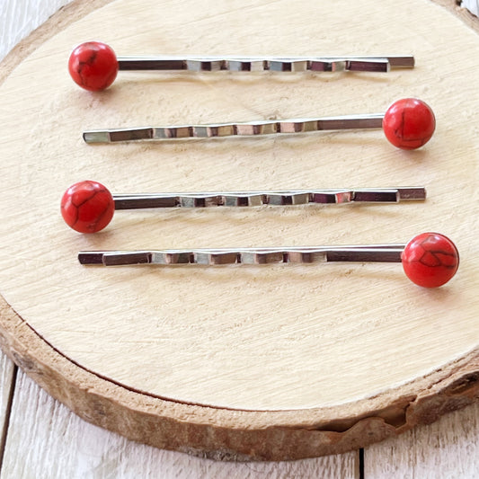 Red Stone Hair Pin Set of 4