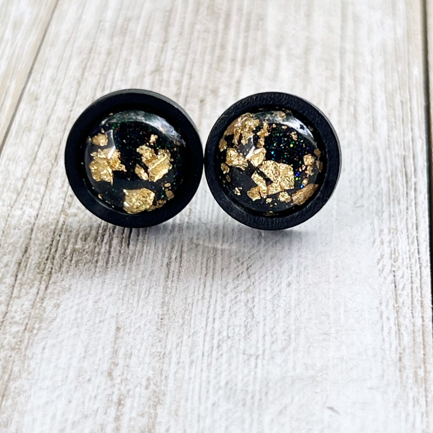 Gold Flake Black Wood Earring Studs - Versatile Unisex Accessories