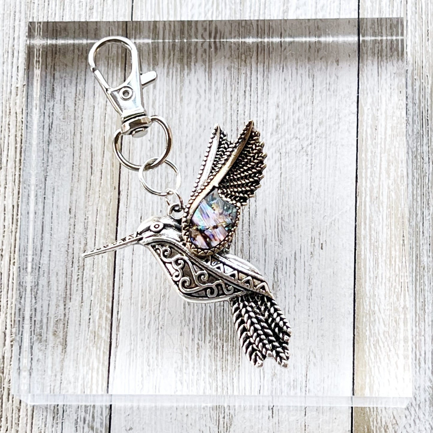 Silver Hummingbird Zipper Pull Keychain Purse Charm with Natural Abalone - Stylish Accessory