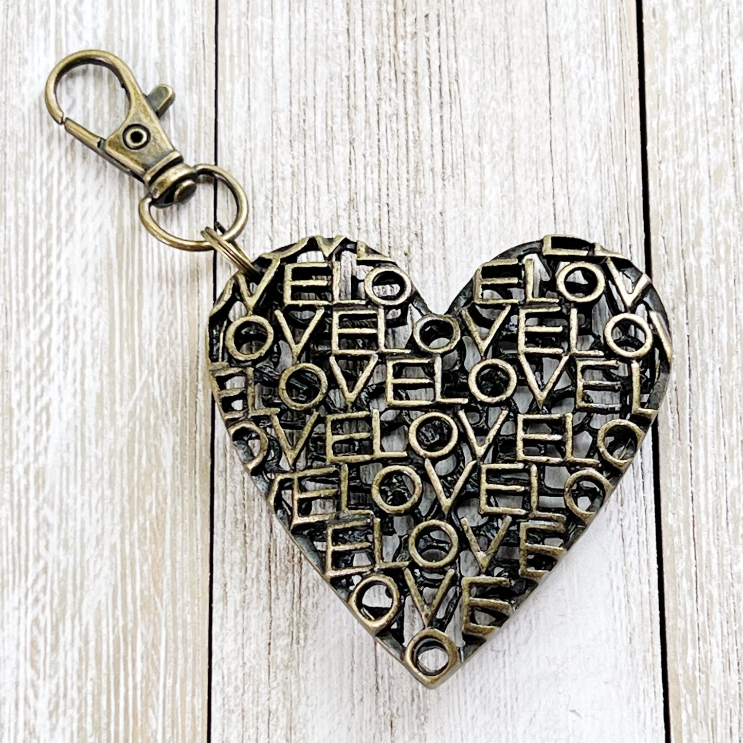 Brass Heart Handbag Charm: 'Love' Design for a Touch of Romance