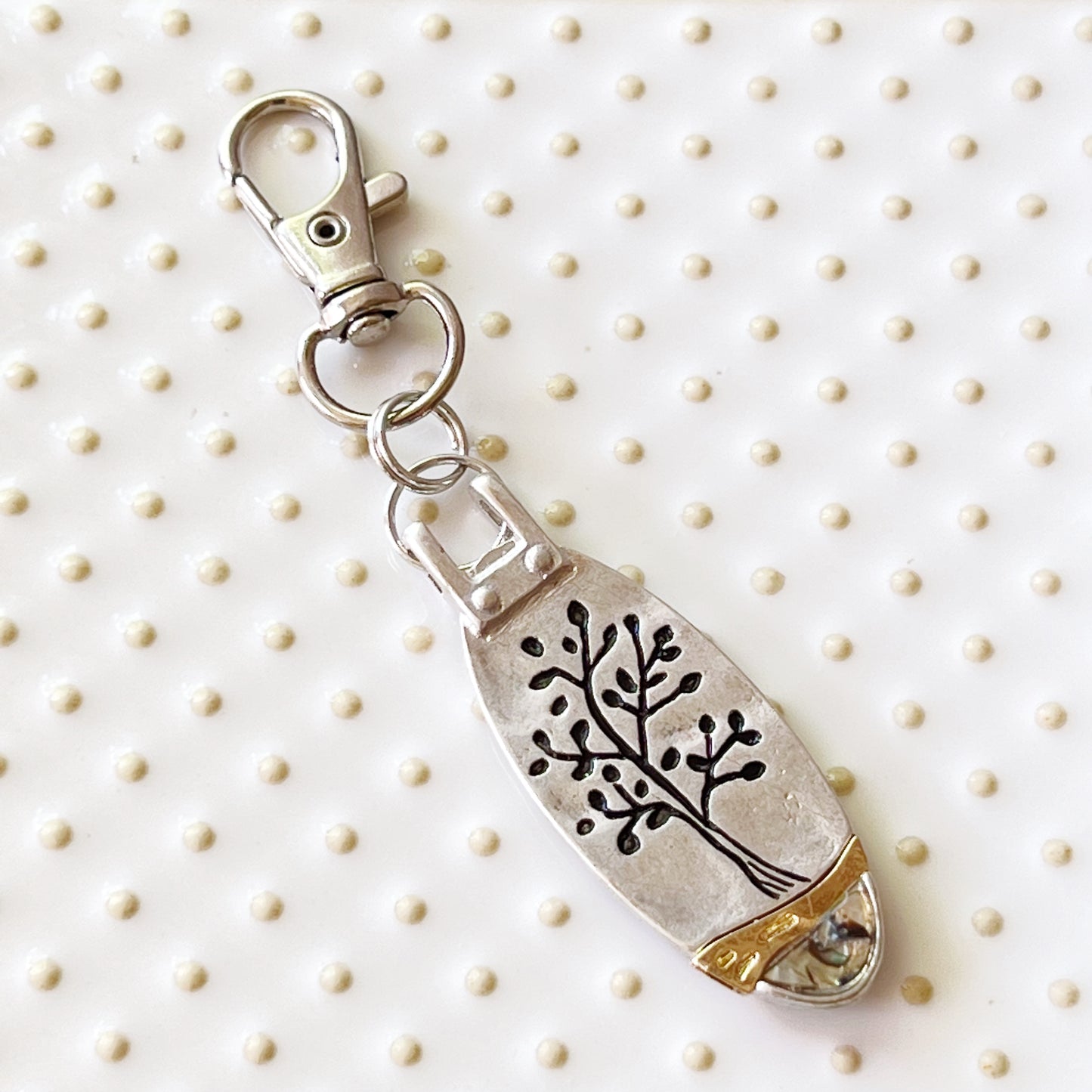 Tree Zipper Pull Keychain Handbag Charm with Inlaid Abalone Shell