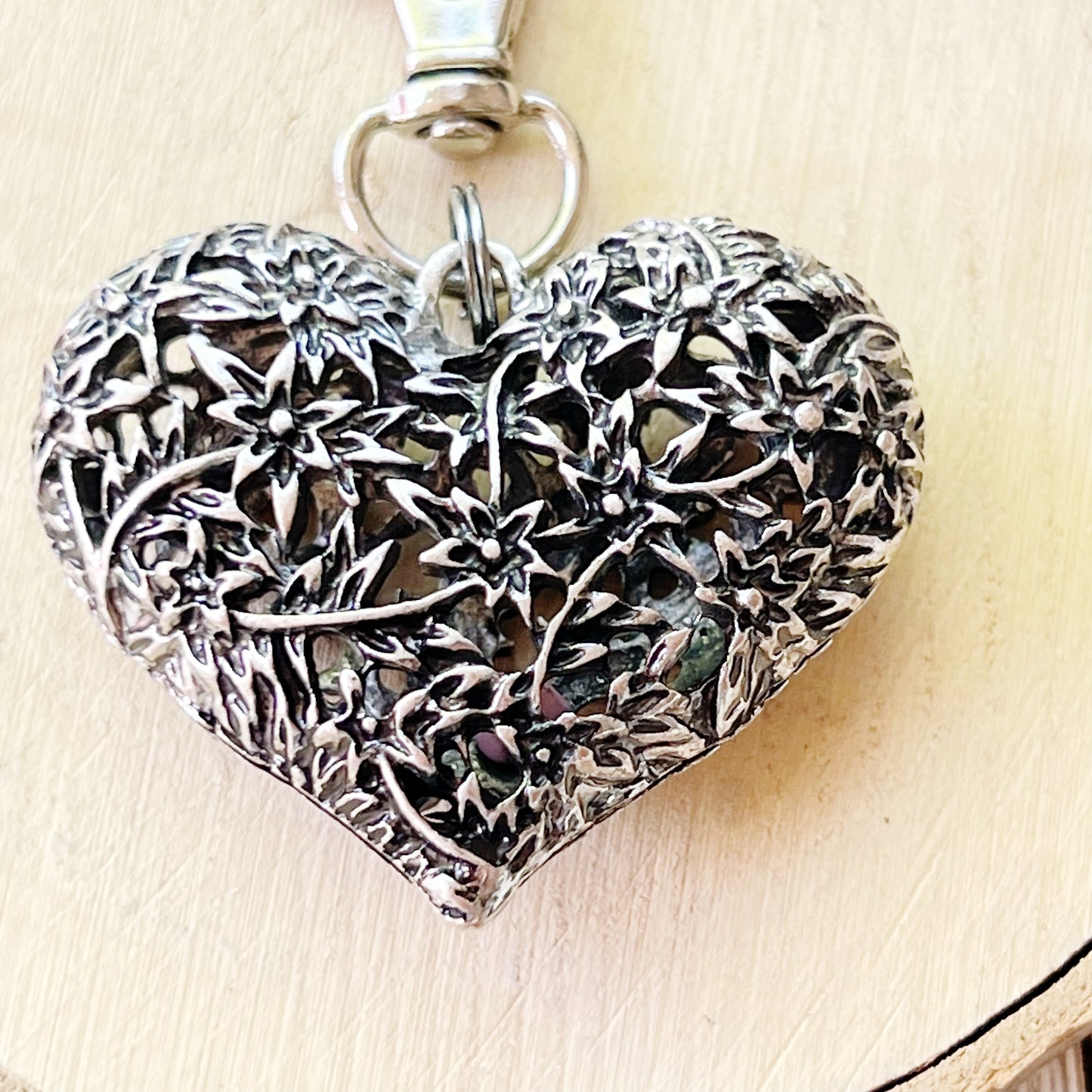 Silver Heart Zipper Pull Keychain Handbag Charm with Etched Flowers