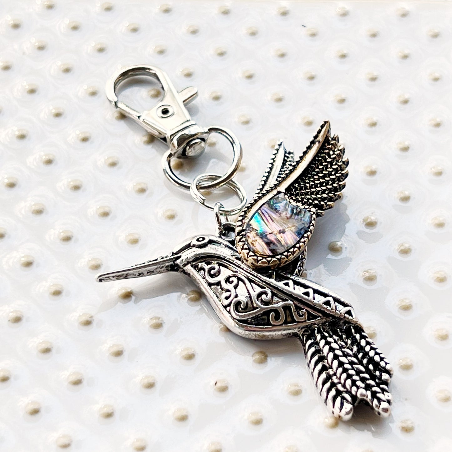 Silver Hummingbird Zipper Pull Keychain Purse Charm with Natural Abalone - Stylish Accessory