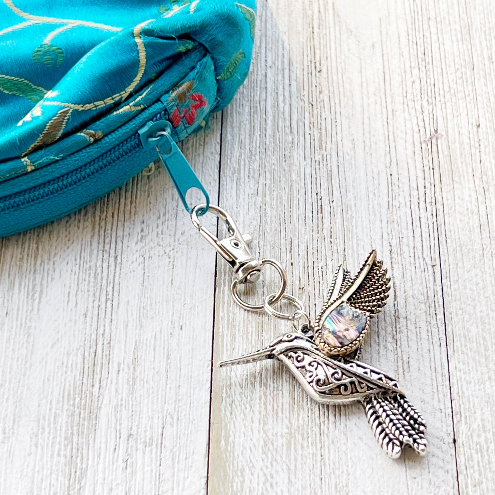 Silver Hummingbird Zipper Pull Keychain Purse Charm with Natural Abalone - Stylish Accessory