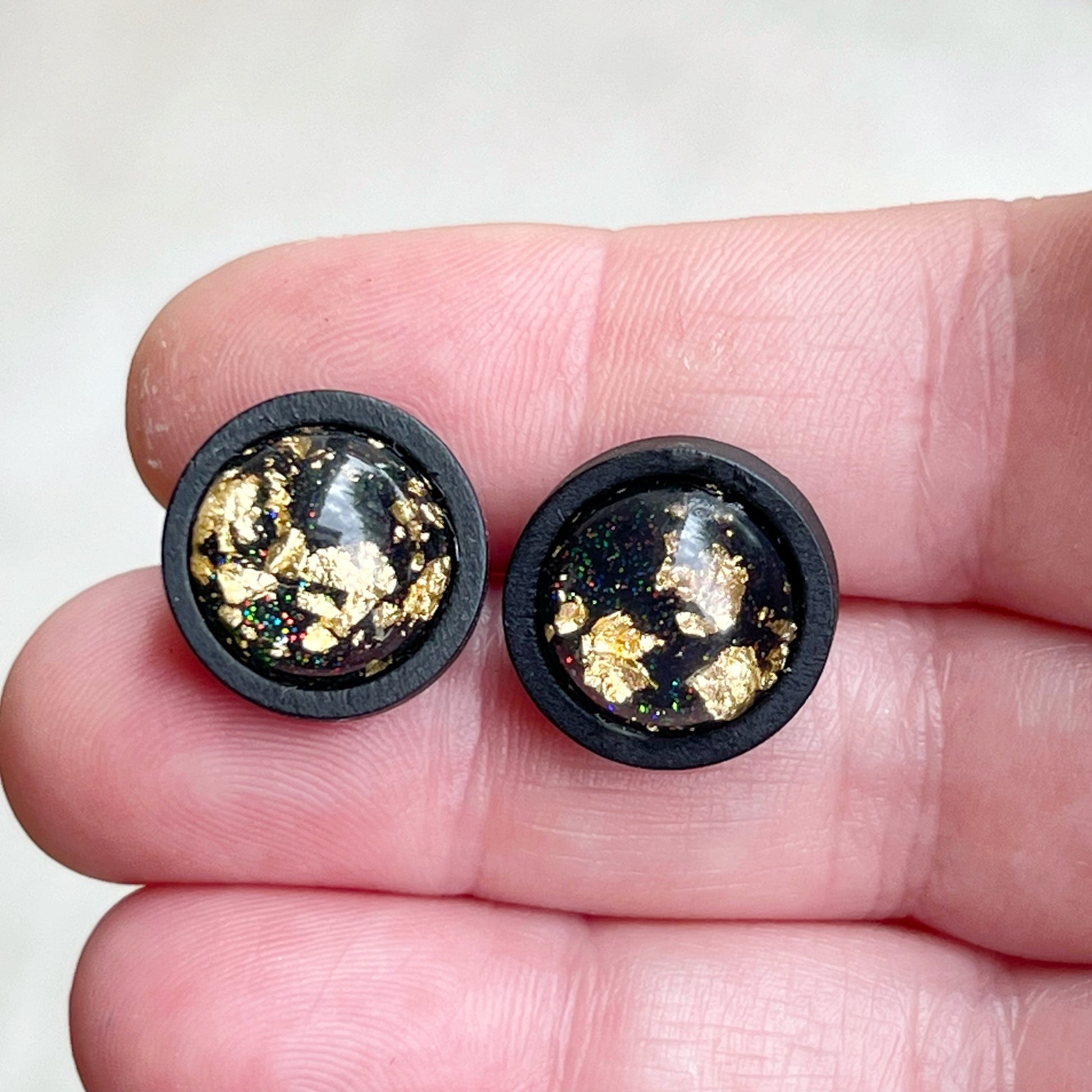 Gold Flake Black Wood Earring Studs - Versatile Unisex Accessories