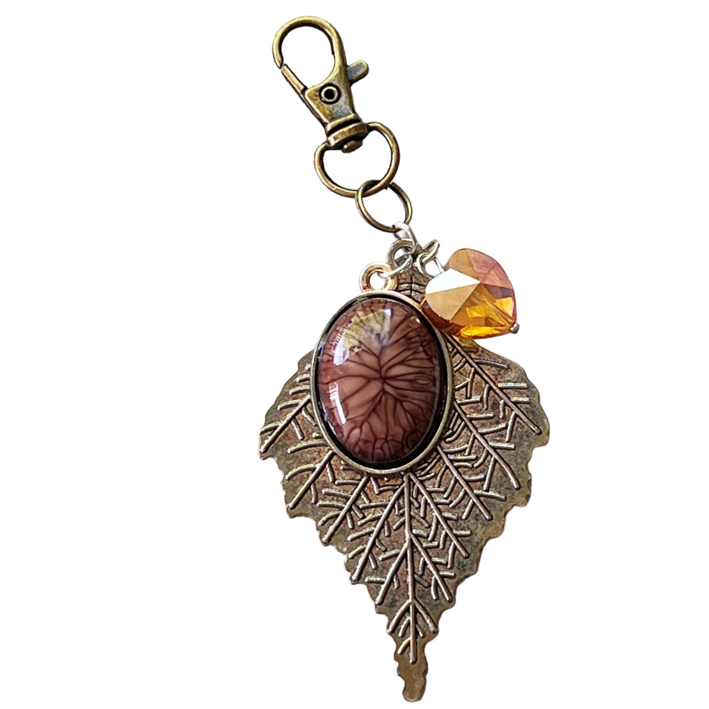 Leaf Zipper Pull Keychain Handbag Charm with Stone and Rhinestone Heart