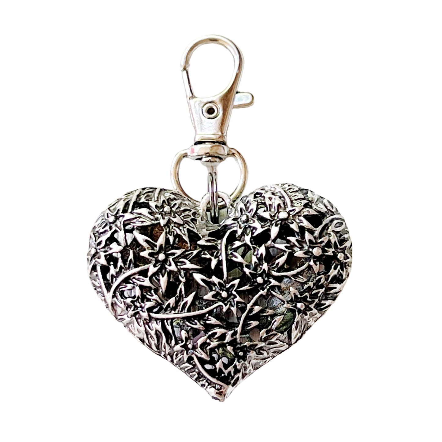 Silver Heart Zipper Pull Keychain Handbag Charm with Etched Flowers