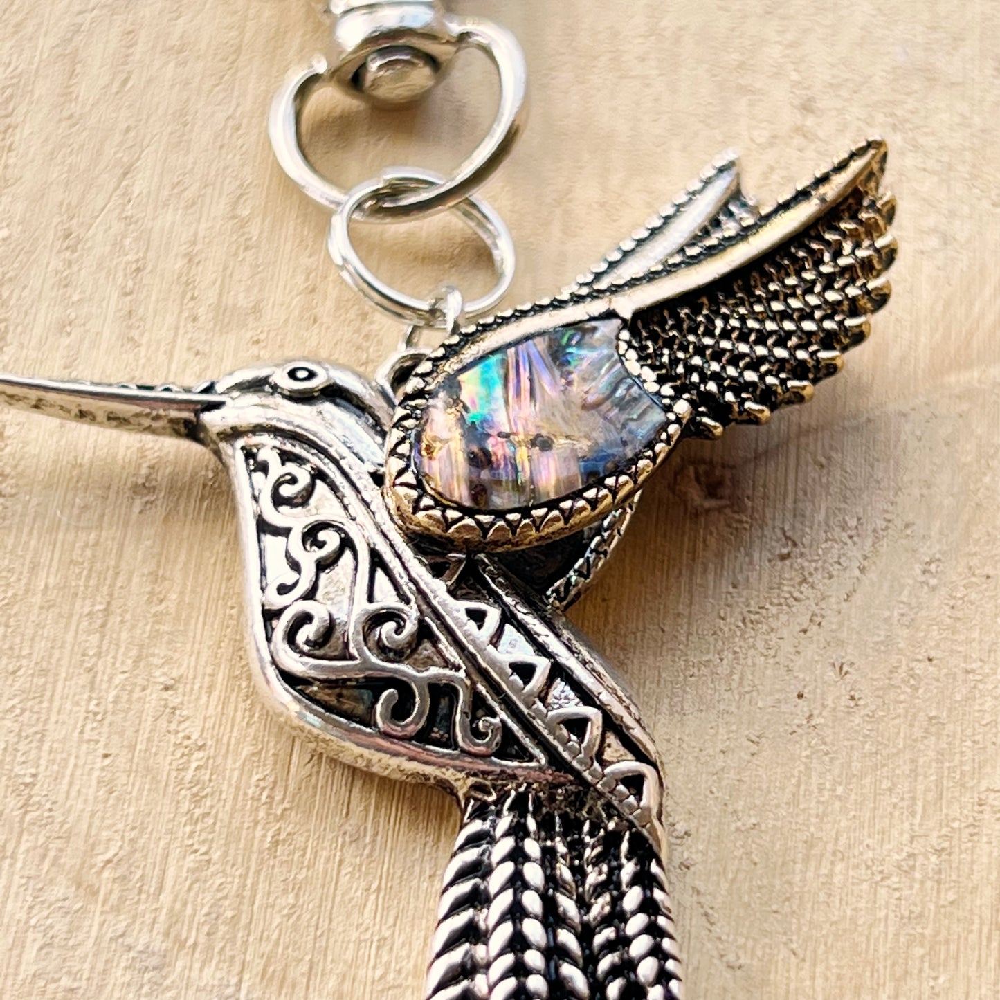 Silver Hummingbird Zipper Pull Keychain Purse Charm with Natural Abalone - Stylish Accessory