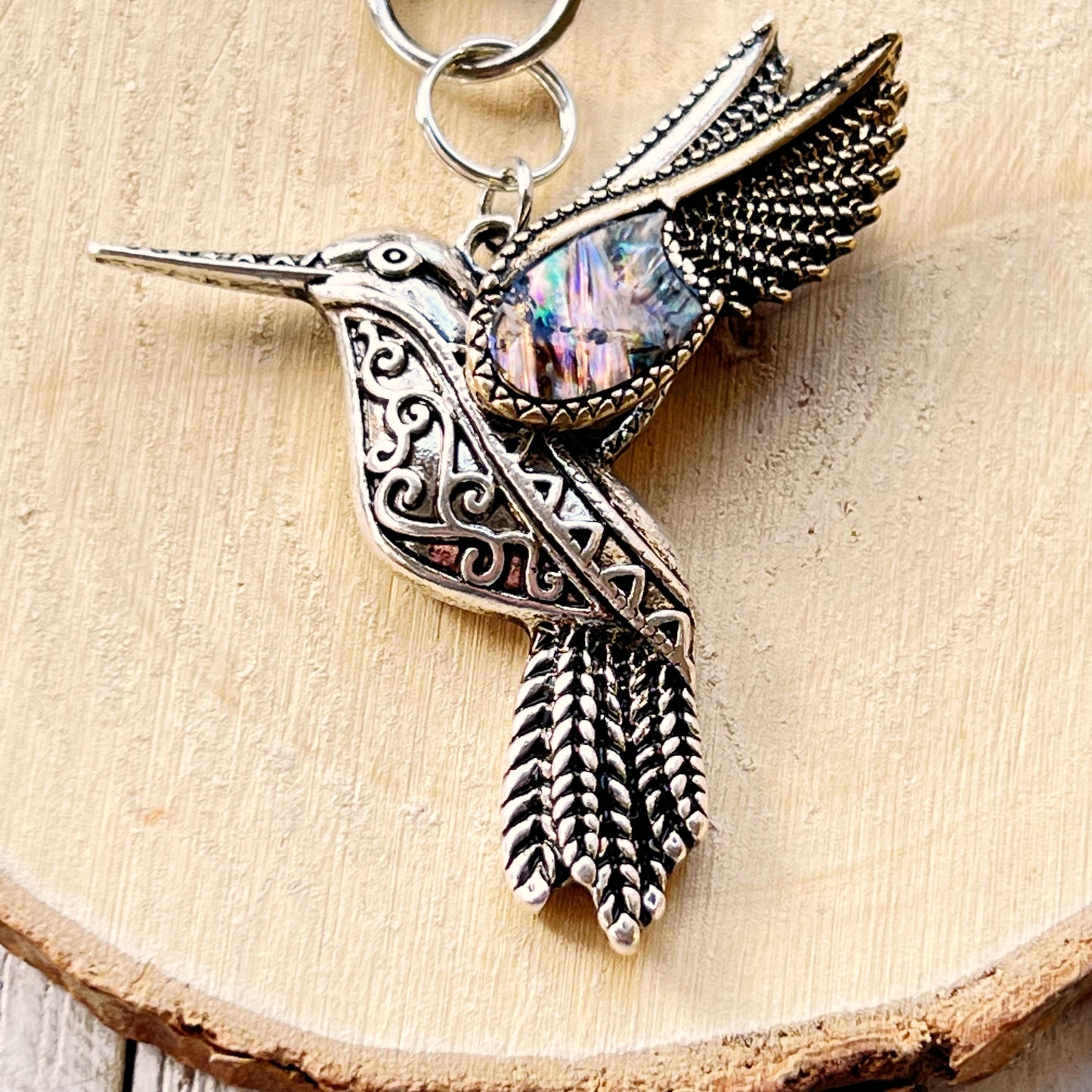 Silver Hummingbird Zipper Pull Keychain Purse Charm with Natural Abalone - Stylish Accessory