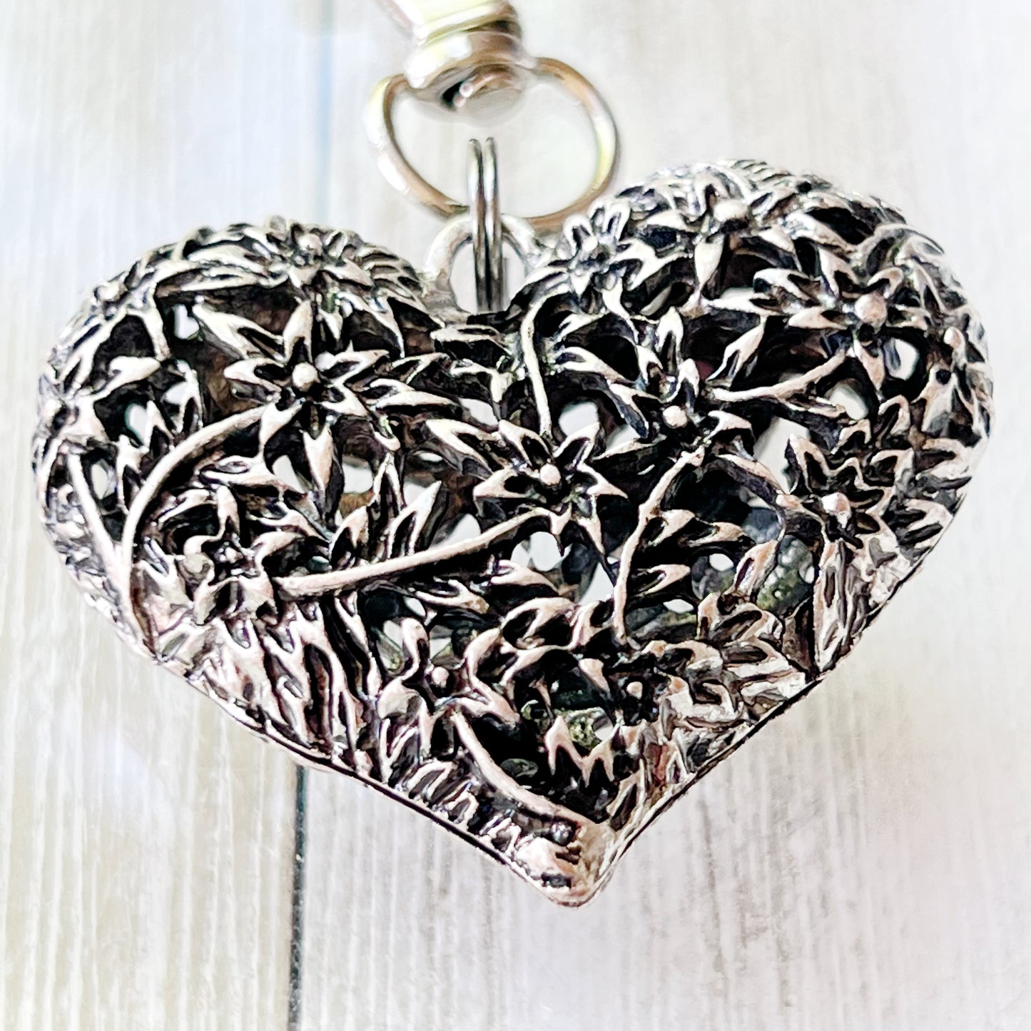 Silver Heart Zipper Pull Keychain Handbag Charm with Etched Flowers