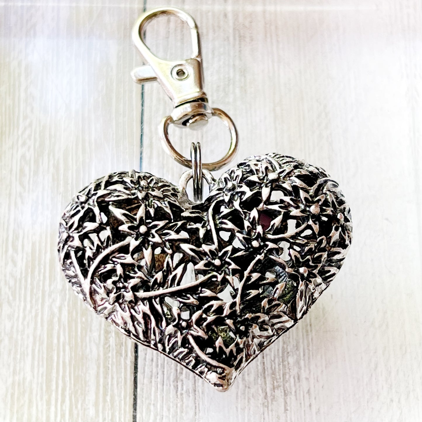 Silver Heart Zipper Pull Keychain Handbag Charm with Etched Flowers