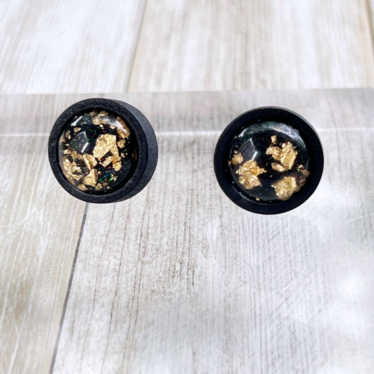 Gold Flake Black Wood Earring Studs - Versatile Unisex Accessories