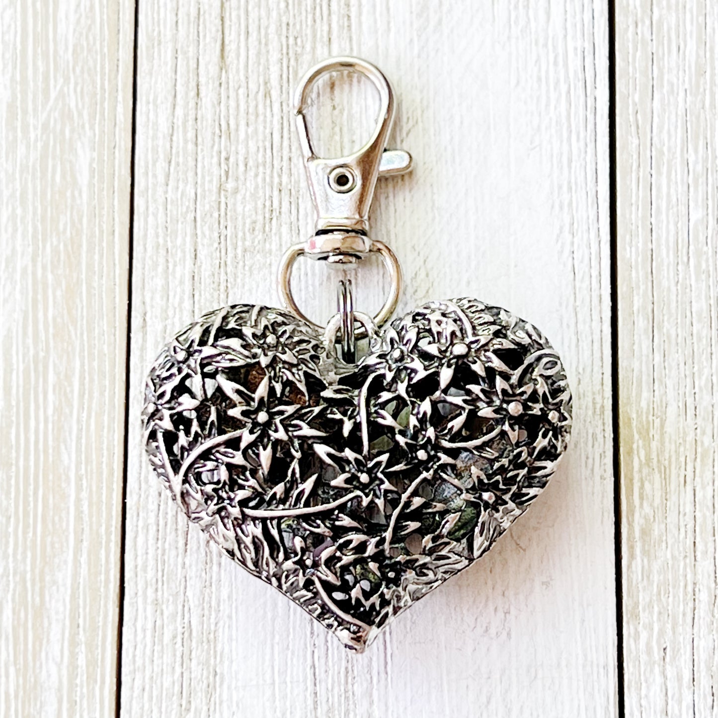 Silver Heart Zipper Pull Keychain Handbag Charm with Etched Flowers